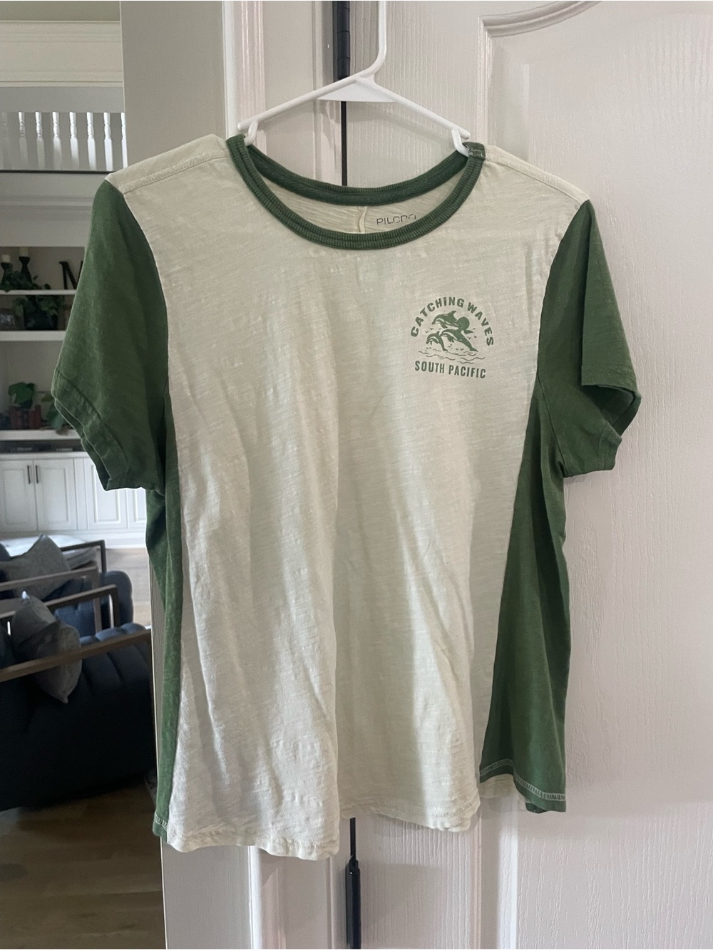 Anthropologie Green and Cream Colorblock Short Sleeve Tee